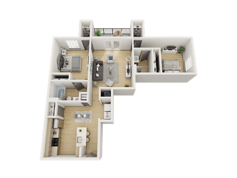 Floor plan for 2 beds, 2 baths, 1053 sqft